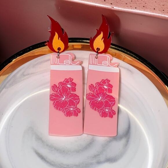 New Lighter Pink Hibiscus Flower Flame Fireโ Goth Drop Dangle Earrings Gift Y2K - Picture 2 of 2